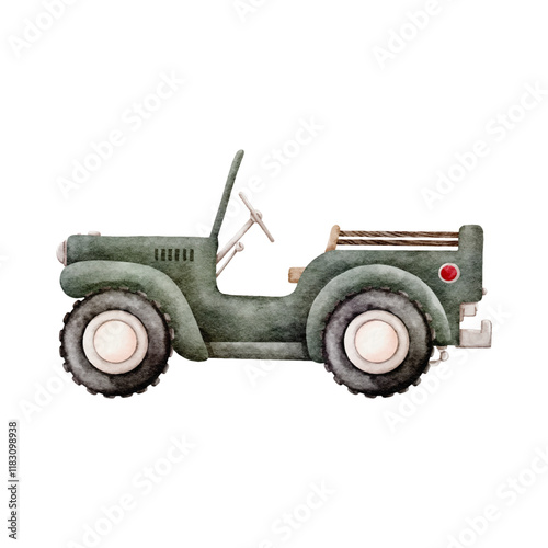 Watercolor Vector with Side view Jeep Car Green Color Vintage style on White Background design
