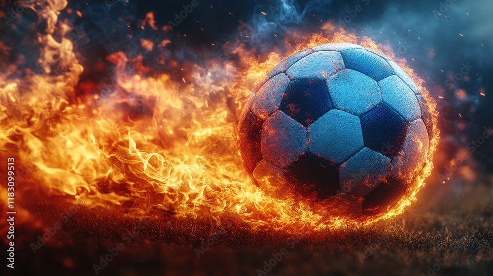 Fototapeta premium Fiery soccer ball rolling on field.