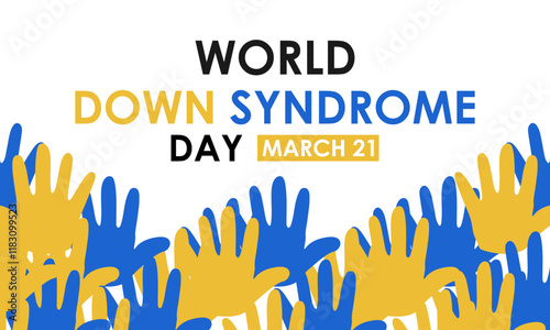 World down syndrome day is 21 march background design. Yellow and blue typography Vector illustration. Lots of Socks and Realistic ribbon banner, cards, prints, social media, poster design .eps 10.