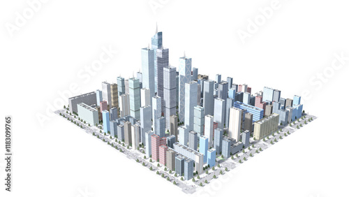 都市景観 高層ビル群 道路 交通 車両 太陽 光線 アイコン 抽象的 3DCG CGレンダリング画像