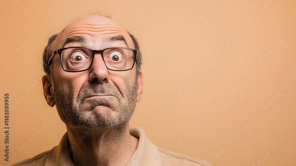 A man with a look of confusion, furrowed brow, eyes darting back and forth, against a light tan backdrop A man with a look of confusion, furrowed brow, eyes darting back and forth, against a light tan backdrop
