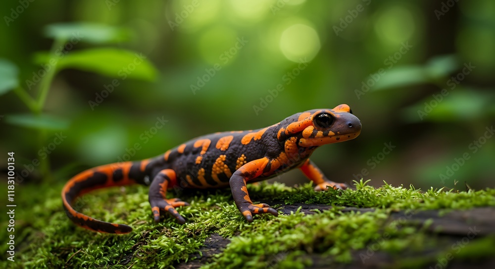 Obraz premium Vibrant Fire Salamander on Mossy Log Wildlife Photography