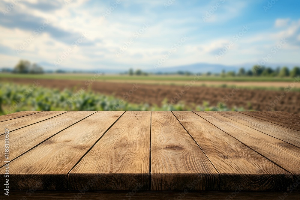 Rustic wooden table, farm field background, product display Rustic wooden table, farm field background, product display