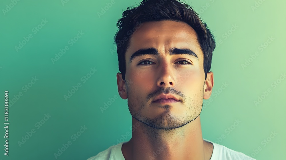 Obraz premium A man with an expression of deep focus, lips pressed together, staring into the distance, against a soft green background