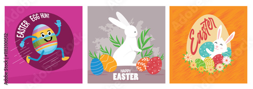 Bright Easter-themed illustrations featuring eggs and bunnies, perfect for spring celebrations.