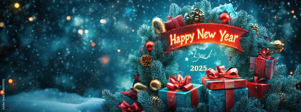 Naklejka premium Festive New Year 2025 Wreath Gifts Snow Winter Holiday