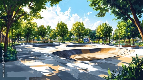 Sunny skatepark in a lush green park.