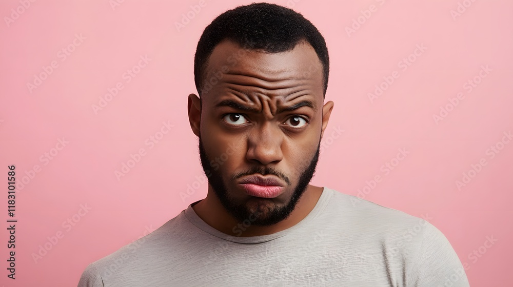 A man with a concerned look, eyebrows furrowed and mouth slightly open, standing against a soft pink backdrop A man with a concerned look, eyebrows furrowed and mouth slightly open, standing against a soft pink backdrop