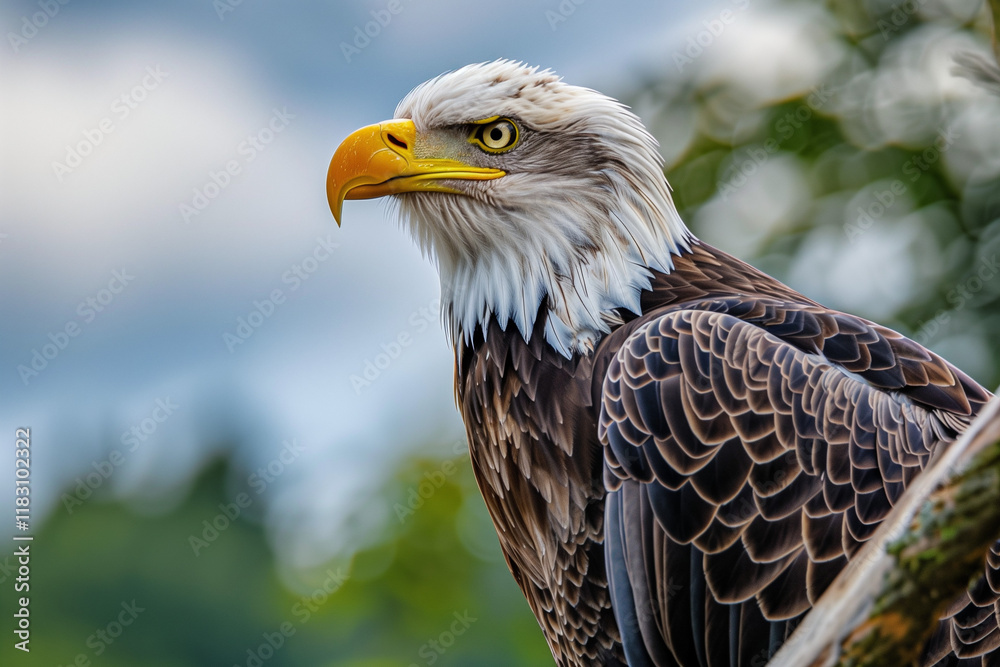 Fototapeta premium Shot of a majestic bald eagle perched on a branch against a cloudy sky