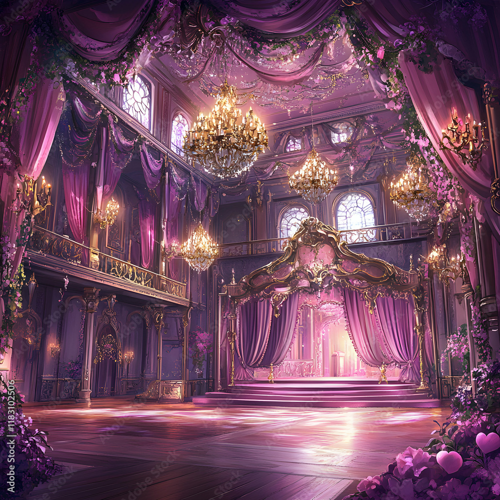 Fototapeta premium Opulent Ballroom with Lavish Purple Drapes and Glittering Chandeliers