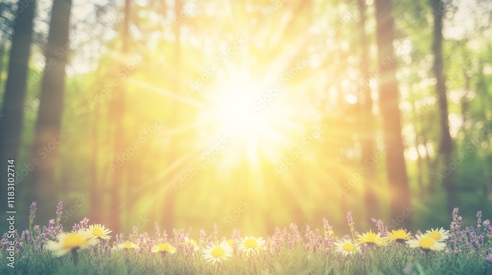 Obraz premium Sunlit Forest Meadow Wildflowers Blooming Brightly