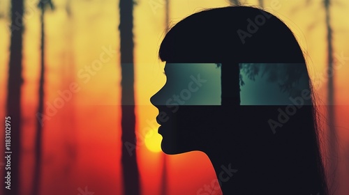 Silhouette of a Woman's Profile at Sunset with Forest Overlay