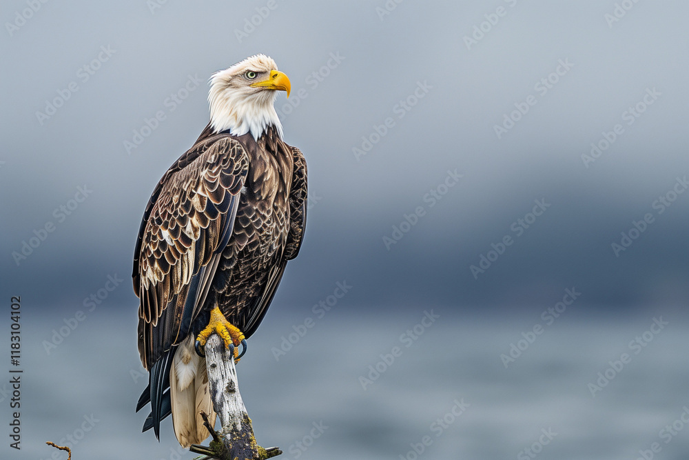 Shot of a majestic bald eagle perched on a branch against a cloudy sky Shot of a majestic bald eagle perched on a branch against a cloudy sky