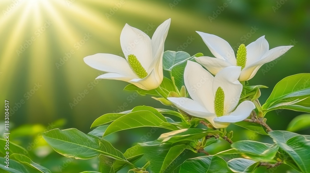 Obraz premium Sunlit Magnolia Blossoms in Vibrant Spring Garden