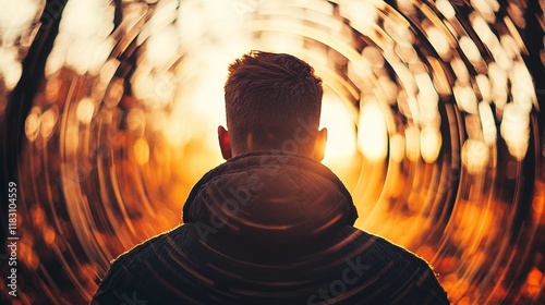 Back View of Man in Circular Ripple Light Patterns at Sunset