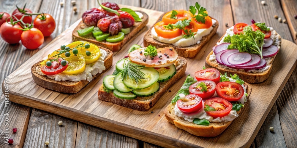 Artisan Bread Toasts with a Variety of Fresh Vegetable and Cream Cheese Toppings on a Rustic Wooden Board Artisan Bread Toasts with a Variety of Fresh Vegetable and Cream Cheese Toppings on a Rustic Wooden Board