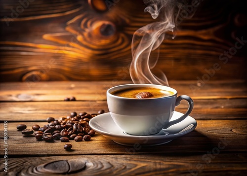 Macro Close-Up of Hot Coffee in White Cup on Rustic Wooden Table in Cozy Coffee Shop
