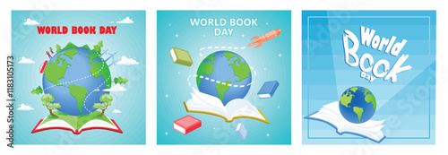 World Book Day illustration featuring earth, books, and open knowledge concept.