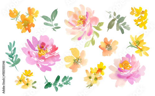 Watercolor Abstract Pink Peonies, Wildflowers, and Leaves Vector Illustration Set / Hand-Painted Floral Background Illustrations for Spring