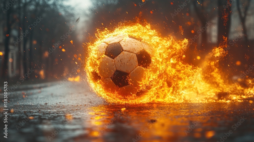 Fototapeta premium Fiery soccer ball rolling on wet asphalt.