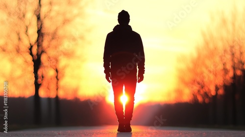 Silhouette of a Man Walking Toward Vibrant Sunset