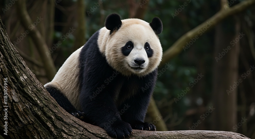 Obraz premium Adorable Giant Panda Bear on Tree Branch in Forest Habitat