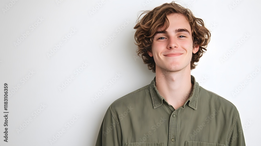 A person with a calm, content smile, eyes soft, standing against a clean white background A person with a calm, content smile, eyes soft, standing against a clean white background
