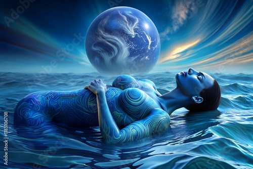 Female nymph swimming in the ocean on the background of the planet Venus. Allegorical composition in blue tone.