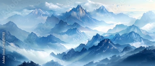 Serene Mountain Landscape with Dramatic Blue Hues and Soft Mist in a Tranquil Environment