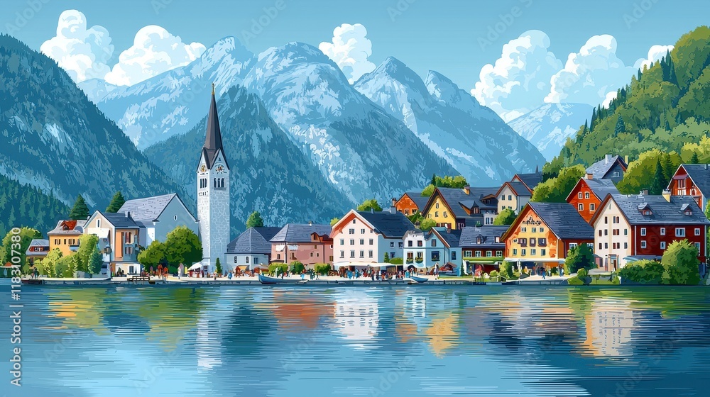 Fototapeta premium Picturesque village by a lake with mountains in background.