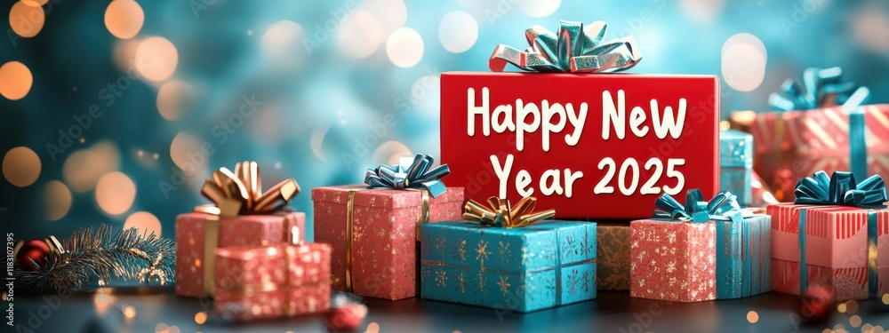 Naklejka premium Happy New Year 2025 Gift Boxes Festive Holiday Celebration