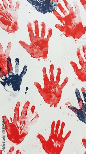 Vibrant abstract background with overlapping handprints in bold red and black colors creating a dynamic and expressive visual composition  The chaotic photo
