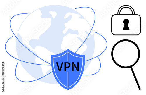 VPN shield in front of a globe wrapped in connecting lines next to encryption lock and magnifying glass. Ideal for cybersecurity, online privacy, secure browsing, data protection, VPN services