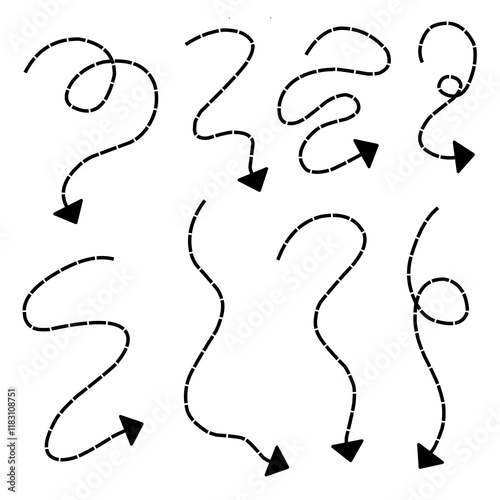 Hand drawn dotted arrows set. Sketch curved dashed arrows design. Arrow handmade. Doodle arrows of various shapes and directions.