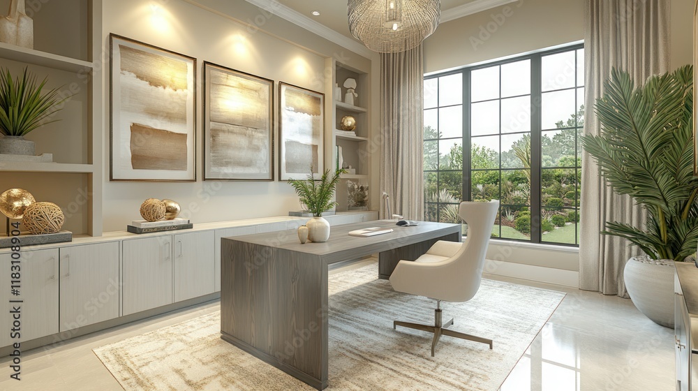Fototapeta premium Modern home office with large window, desk, and built-in shelving.