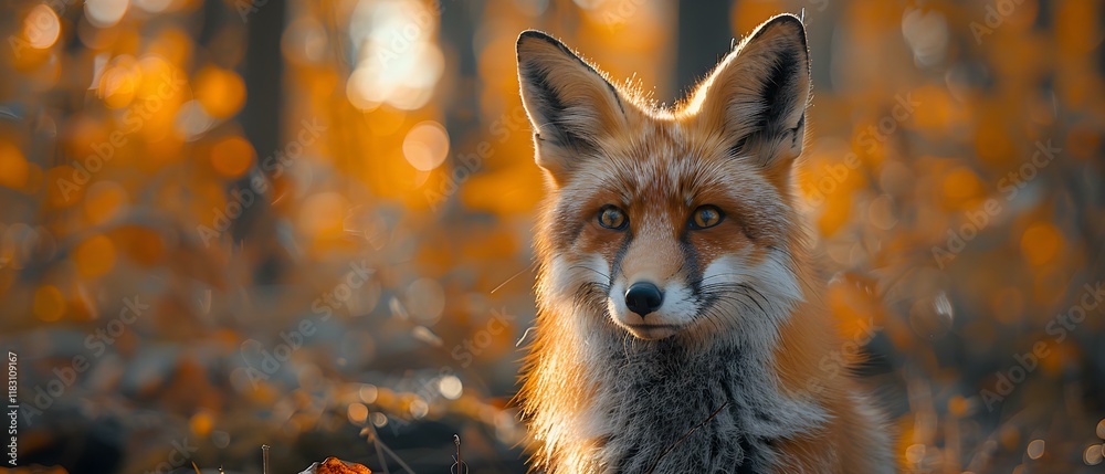 Naklejka premium Majestic red fox in autumn forest surrounded by vibrant orange foliage capturing the essence of nature's beauty and wildlife serenity
