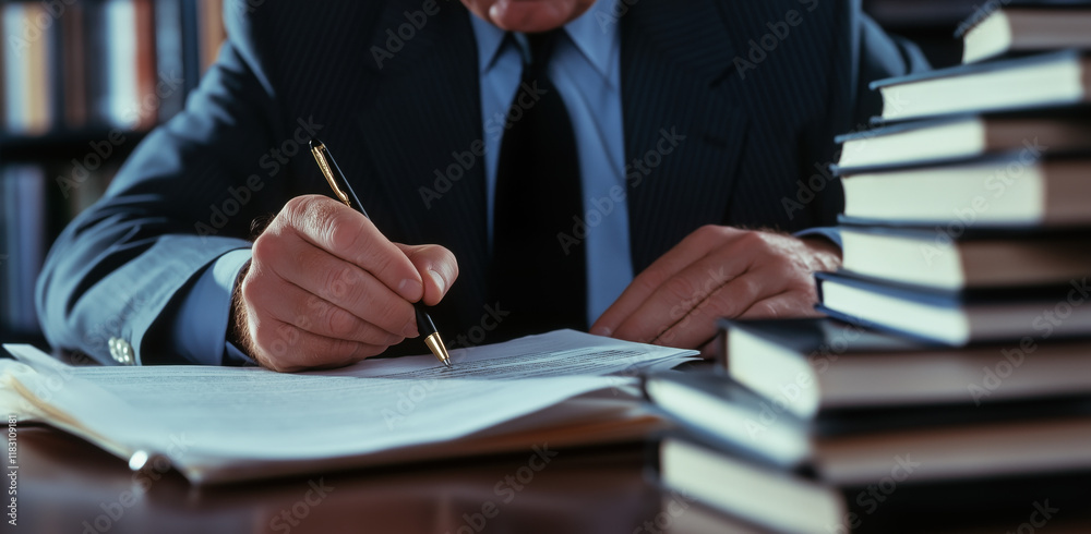 A person in a suit writes notes on a document at a desk surrounded by stacks of books, suggesting a scholarly or professional environment. A person in a suit writes notes on a document at a desk surrounded by stacks of books, suggesting a scholarly or professional environment.