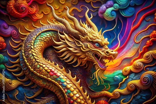 Macro Golden Dragon Drawing, Vibrant Colorful Background, Fantasy Art, Mythical Creature