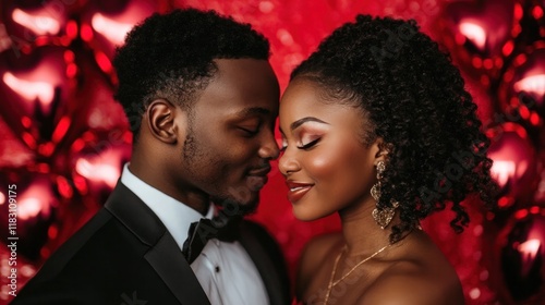 Romantic Couple Embracing Passionately in Front of Red Floral Backdrop Celebrating Valentine s Day Anniversary or Special Moment  Loving Tender and Intimate Moment of Togetherness and Connection