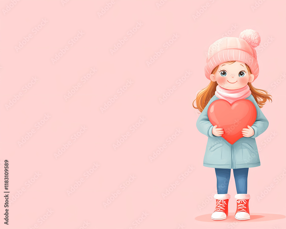 A charming illustration of a girl holding a heart perfect for Valentine Day themes. A charming illustration of a girl holding a heart perfect for Valentine Day themes.