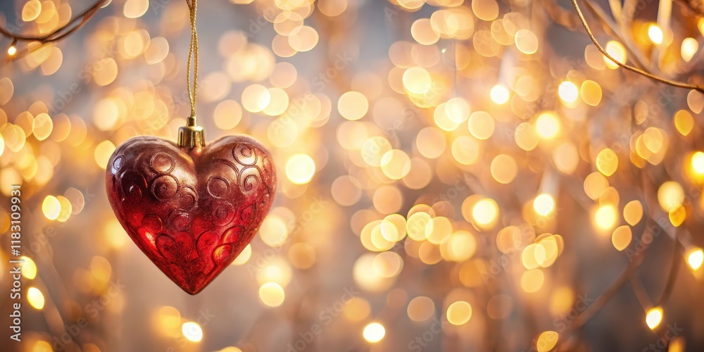 Romantic heart-shaped ornament hanging against a shimmering, golden bokeh background Romantic heart-shaped ornament hanging against a shimmering, golden bokeh background