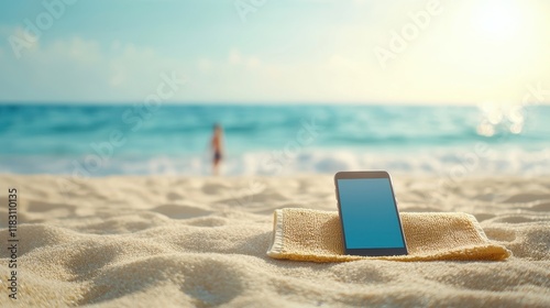 Smartphone resting on a towel at the beach symbolizing digital detox and relaxing vacations away from technology photo