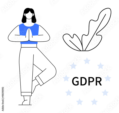 Woman in tree pose with blue top and white pants, floating leaf shape, GDPR text with blue stars. Ideal for data security, privacy awareness, legal compliance, mindfulness, personal data protection