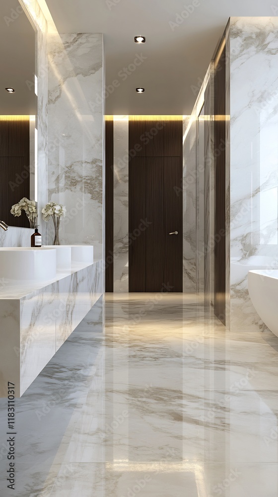 Luxurious Marble Bathroom with Modern Fixtures and Reflective Surfaces Luxurious Marble Bathroom with Modern Fixtures and Reflective Surfaces