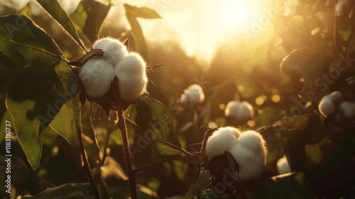 Cotton plant pods in a field at sunset. Golden light shines on the fluffy white cotton balls. photo