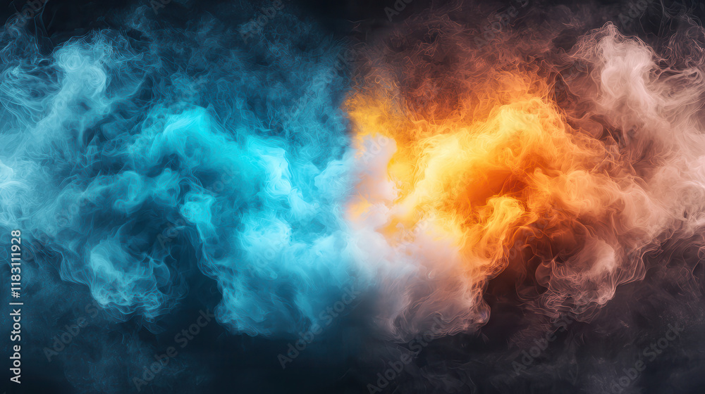 Swirling smoke in vibrant blue and orange hues creates mesmerizing visual effect, evoking sense of energy and movement Swirling smoke in vibrant blue and orange hues creates mesmerizing visual effect, evoking sense of energy and movement