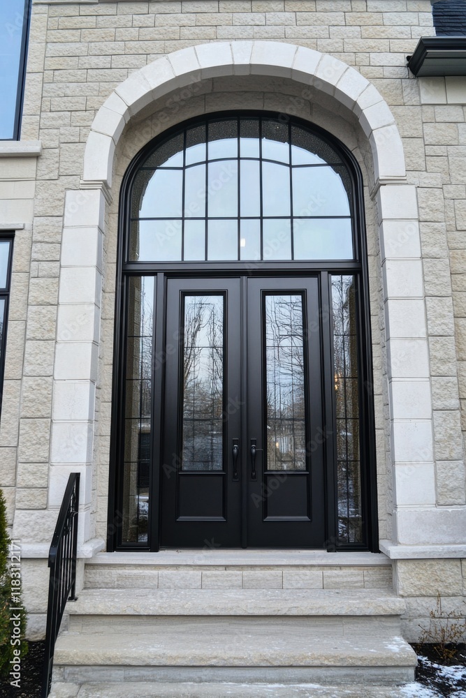 Elegant double door entrance with arched frame and glass panels leading to a modern stone house in a serene outdoor setting Elegant double door entrance with arched frame and glass panels leading to a modern stone house in a serene outdoor setting