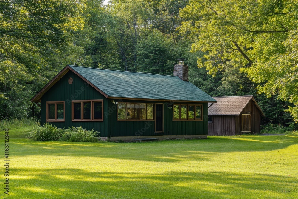 Fototapeta premium Nestled amidst verdant trees, this charming green cabin provides a peaceful retreat in the heart of nature, perfect for enjoying a sunny day
