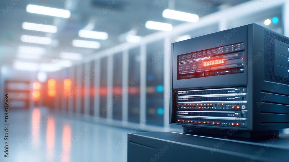 Close-up Photo: Powerful Server Glowing Brightly in Modern Data Center. AI Generated Close-up Photo: Powerful Server Glowing Brightly in Modern Data Center. AI Generated