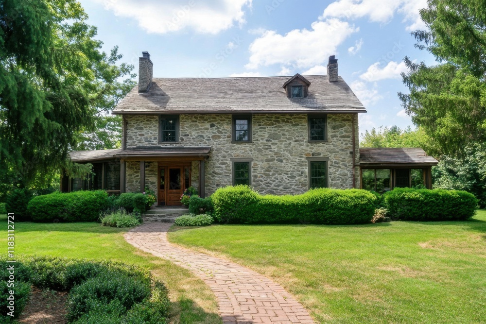 Nestled amid vibrant greenery, this delightful stone house offers a tranquil retreat in a serene rural landscape, basking in the warm sunshine of mid-summer Nestled amid vibrant greenery, this delightful stone house offers a tranquil retreat in a serene rural landscape, basking in the warm sunshine of mid-summer